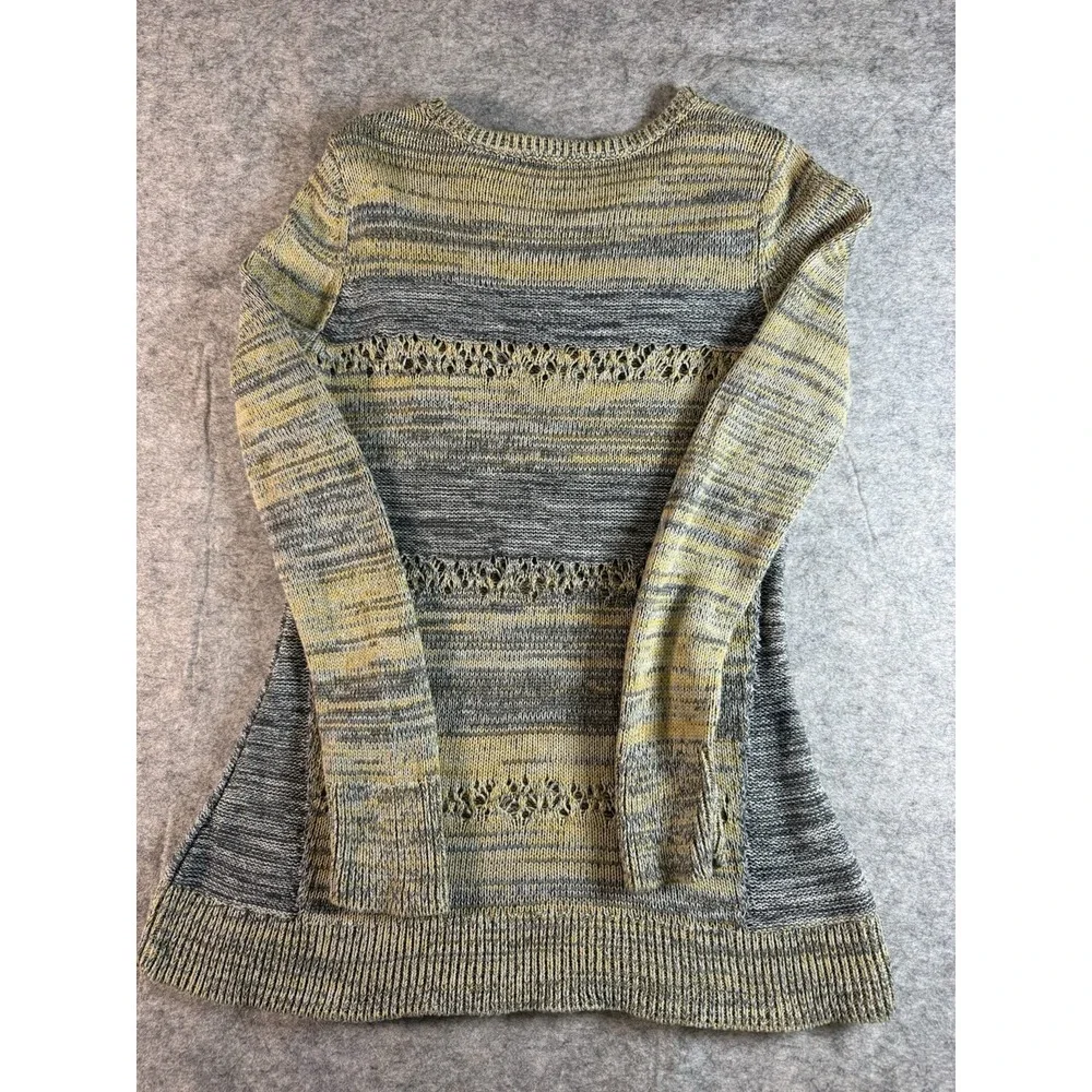 Heather B Marled Cotton Open Knit Sweater XS Gray Mustard Boho Textured Pullover